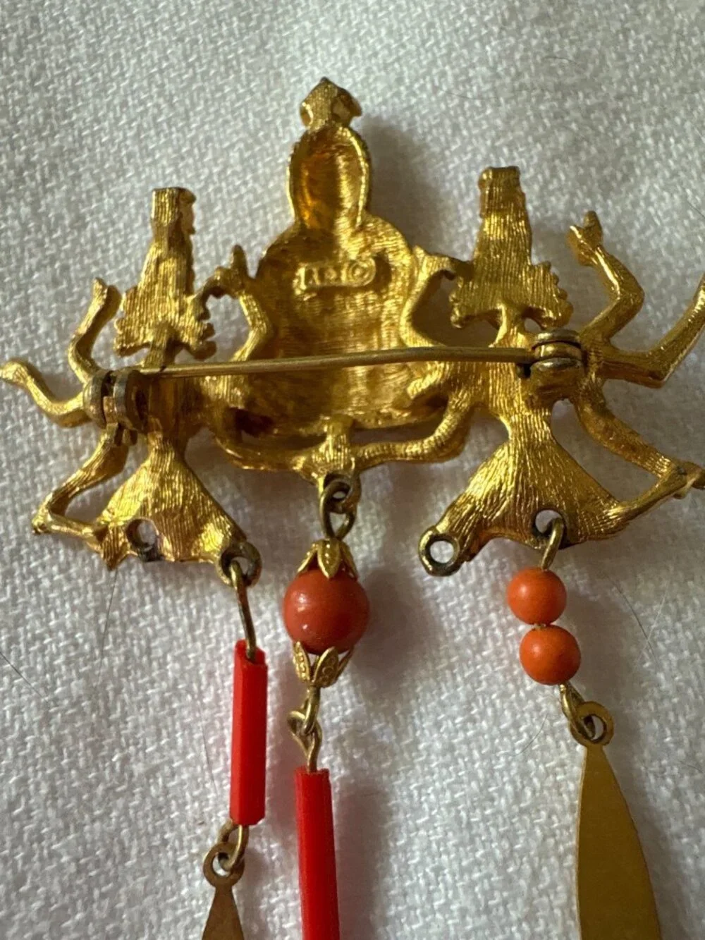 Vintage ARTCO Gold Buddha Signed Pin With Coral Dangles & Rhinestone Accent